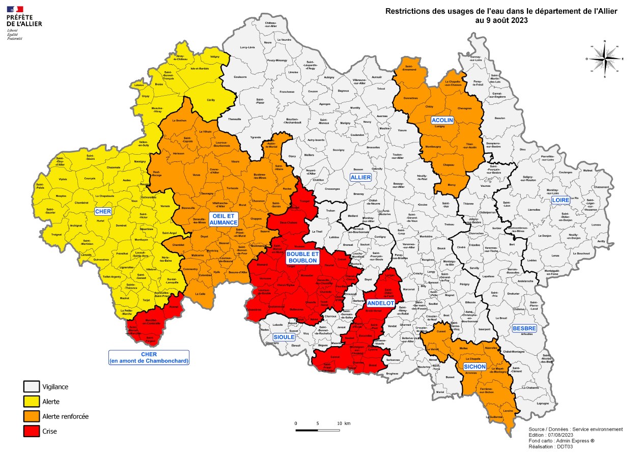 Nouvelle carte des restrictions d'eau dans l'Allier
